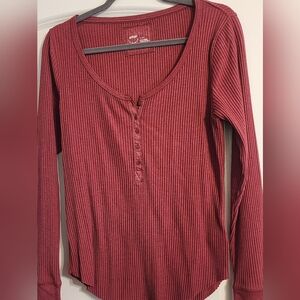 Aerie Ribbed Long Sleeve Henley - Red